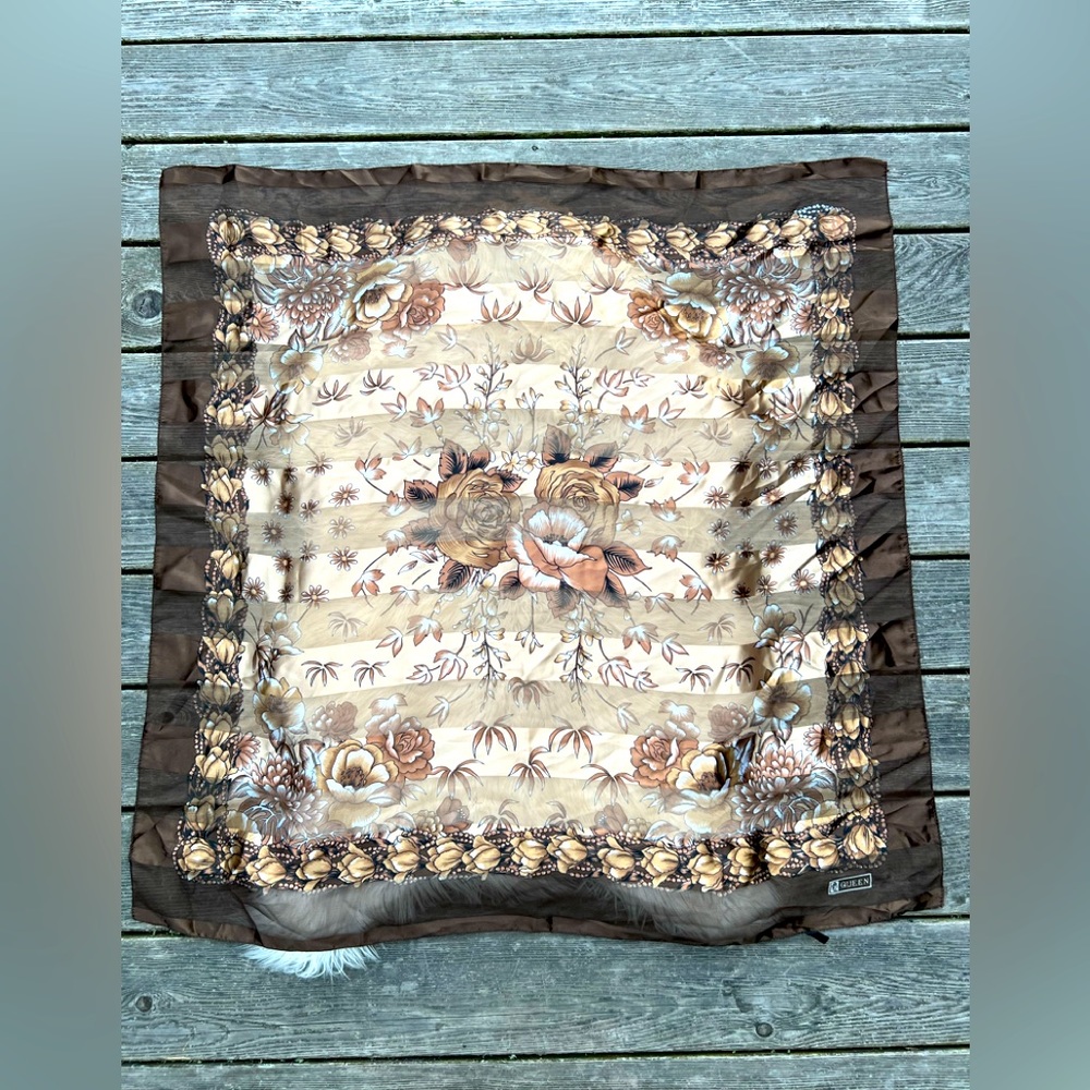 Brown Floral Ornate Silk Knit Scarf Wrap Shawl Tapestry